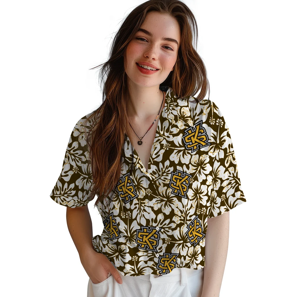 Kennesaw State Owls Hawaiian Shirt - Hibiscus Motif kennesaw state owls hibiscus motif gold white hawaiian shirts latest model