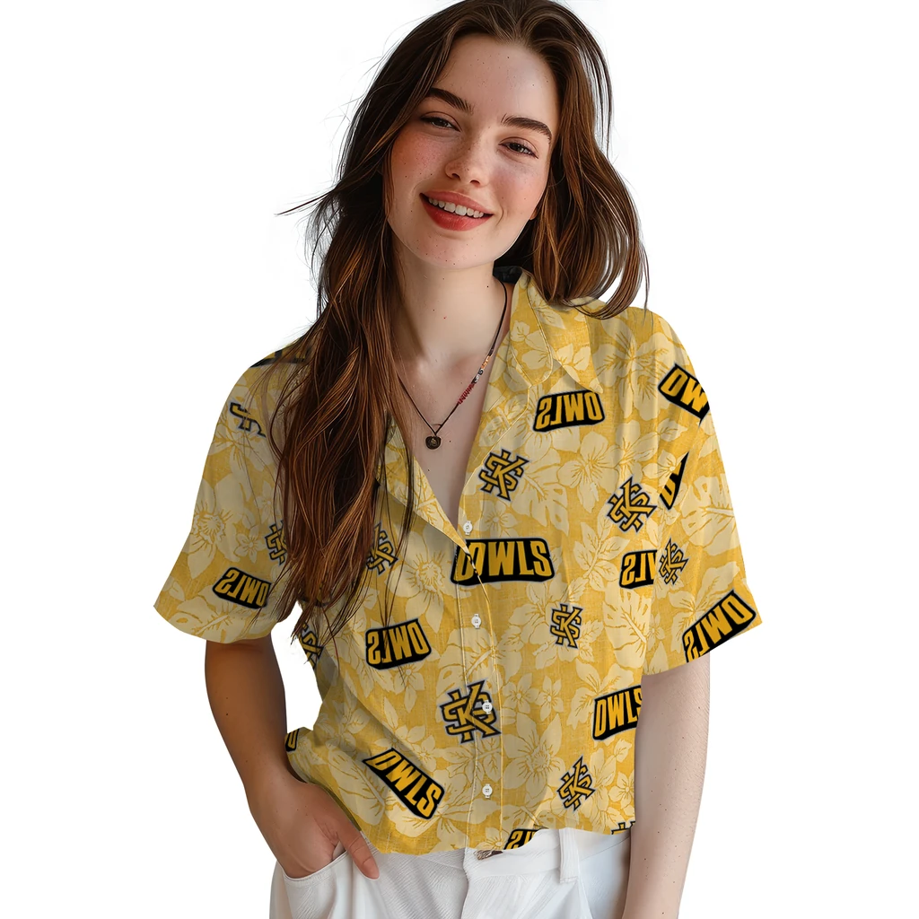 Kennesaw State Owls Hawaiian Shirt - Hibiscus Oasis kennesaw state owls hibiscus oasis gold hawaiian shirts latest model