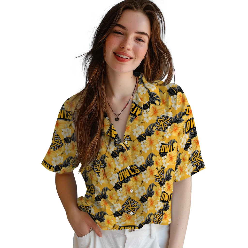Kennesaw State Owls Hawaiian Shirt - Hibiscus Tropics kennesaw state owls hibiscus tropics gold yellow hawaiian shirts latest model