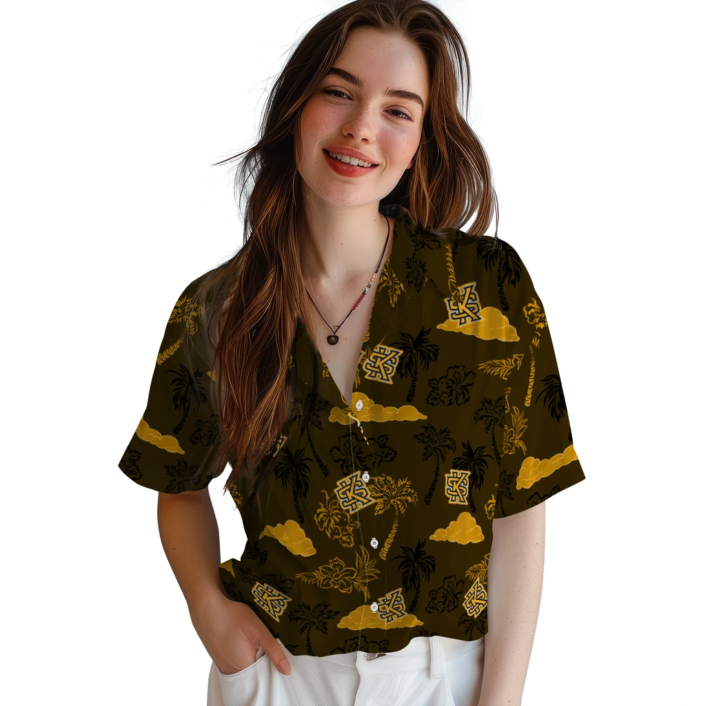 Kennesaw State Owls Hawaiian Shirt - Palm And Clouds kennesaw state owls palm and clouds gold hawaiian shirts latest model