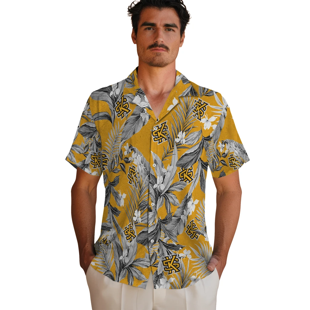 Kennesaw State Owls Hawaiian Shirt - Palm Leaves kennesaw state owls palm leaves gold hawaiian shirts fashion forward
