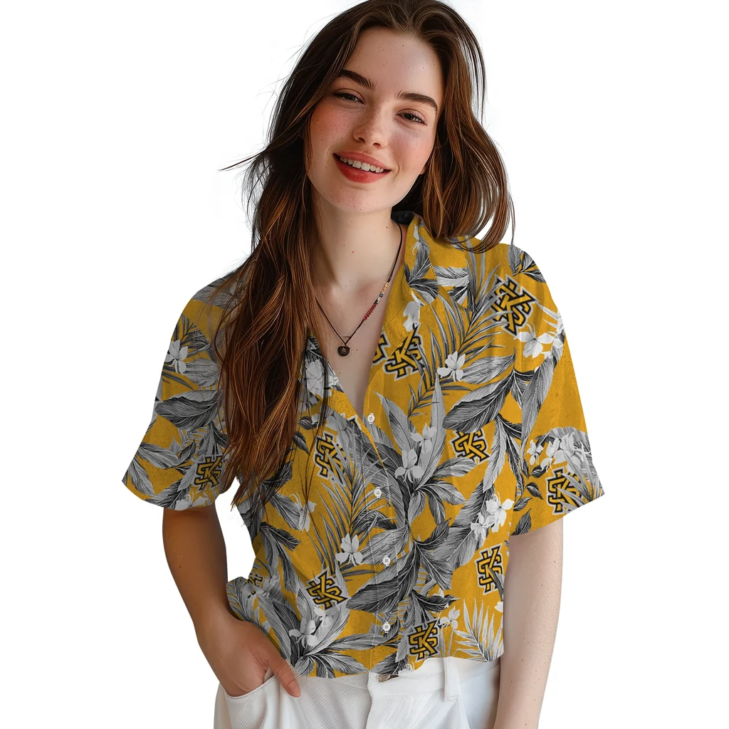 Kennesaw State Owls Hawaiian Shirt - Palm Leaves kennesaw state owls palm leaves gold hawaiian shirts latest model