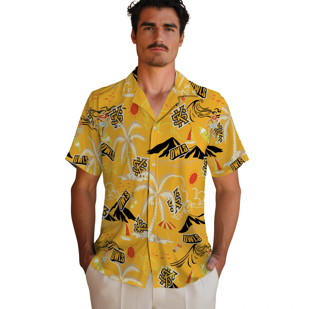Kennesaw State Owls Hawaiian Shirt - Palm Tree Island kennesaw state owls palm tree island gold hawaiian shirts fashion forward