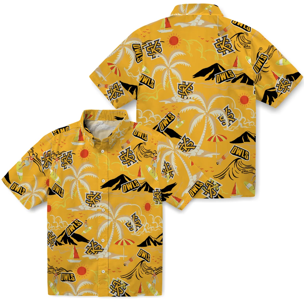 Kennesaw State Owls Hawaiian Shirt - Palm Tree Island kennesaw state owls palm tree island gold hawaiian shirts high quality
