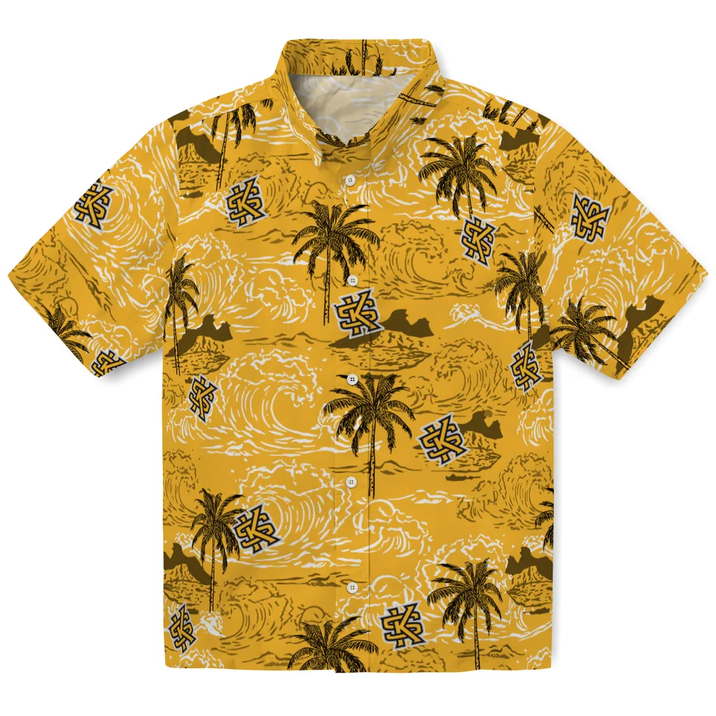 Kennesaw State Owls Hawaiian Shirt - Wave Palm kennesaw state owls wave palm gold hawaiian shirts best selling