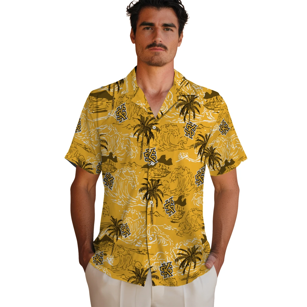 Kennesaw State Owls Hawaiian Shirt - Wave Palm kennesaw state owls wave palm gold hawaiian shirts fashion forward