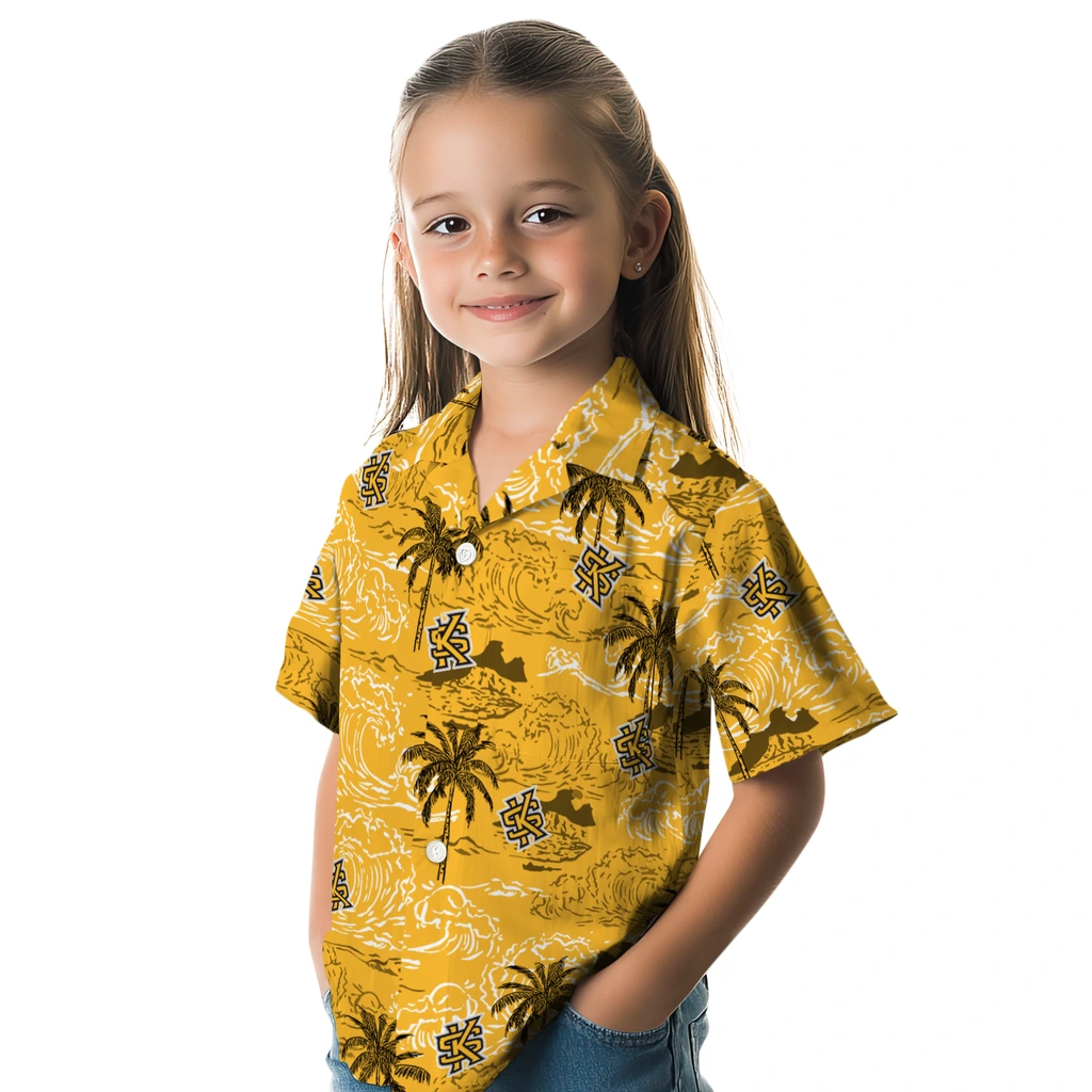 Kennesaw State Owls Hawaiian Shirt - Wave Palm kennesaw state owls wave palm gold hawaiian shirts premium grade