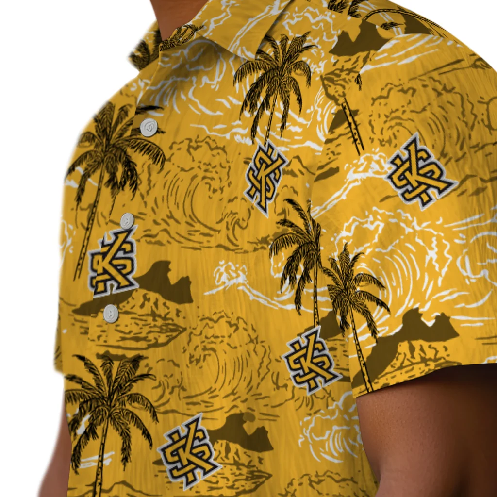 Kennesaw State Owls Hawaiian Shirt - Wave Palm kennesaw state owls wave palm gold hawaiian shirts trendy