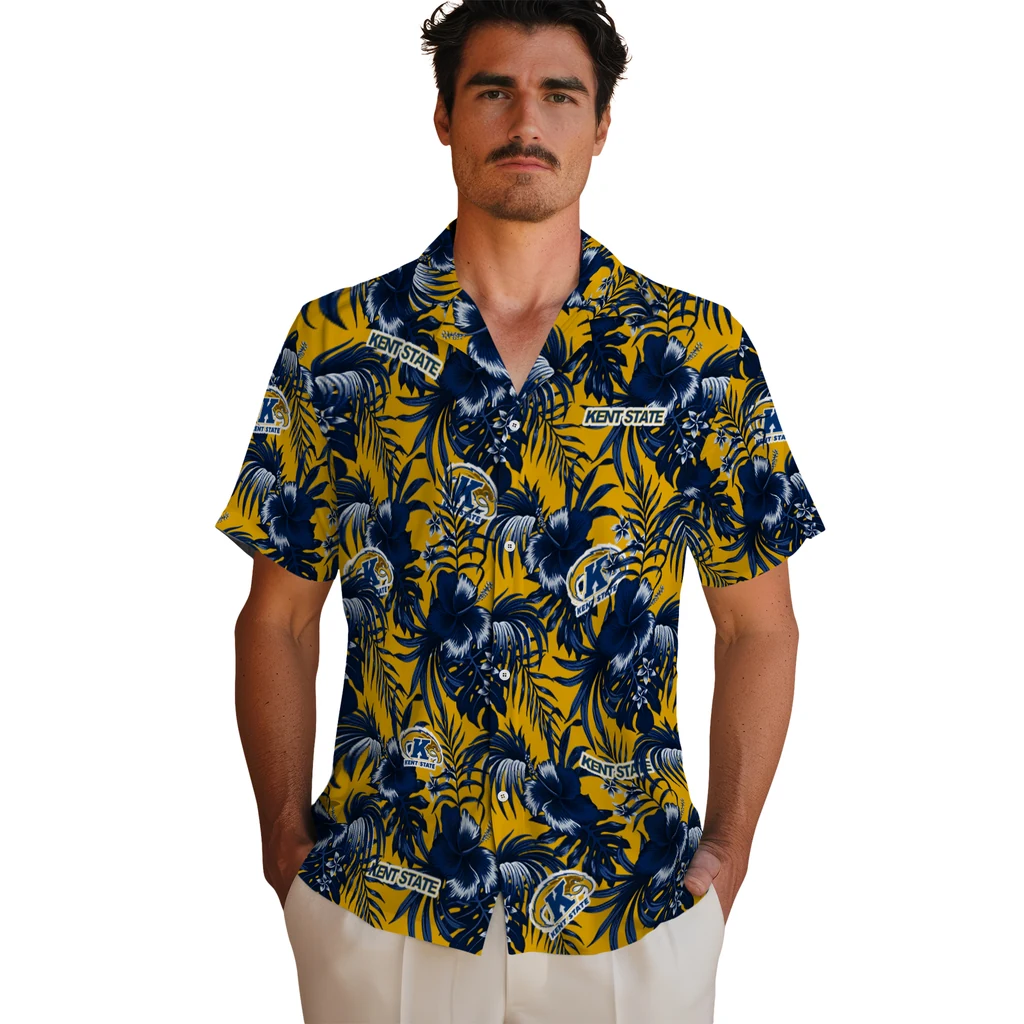 Kent State Golden Flashes Hawaiian Shirt - Hibiscus Exotic kent state golden flashes hibiscus exotic navy blue hawaiian shirts fashion forward