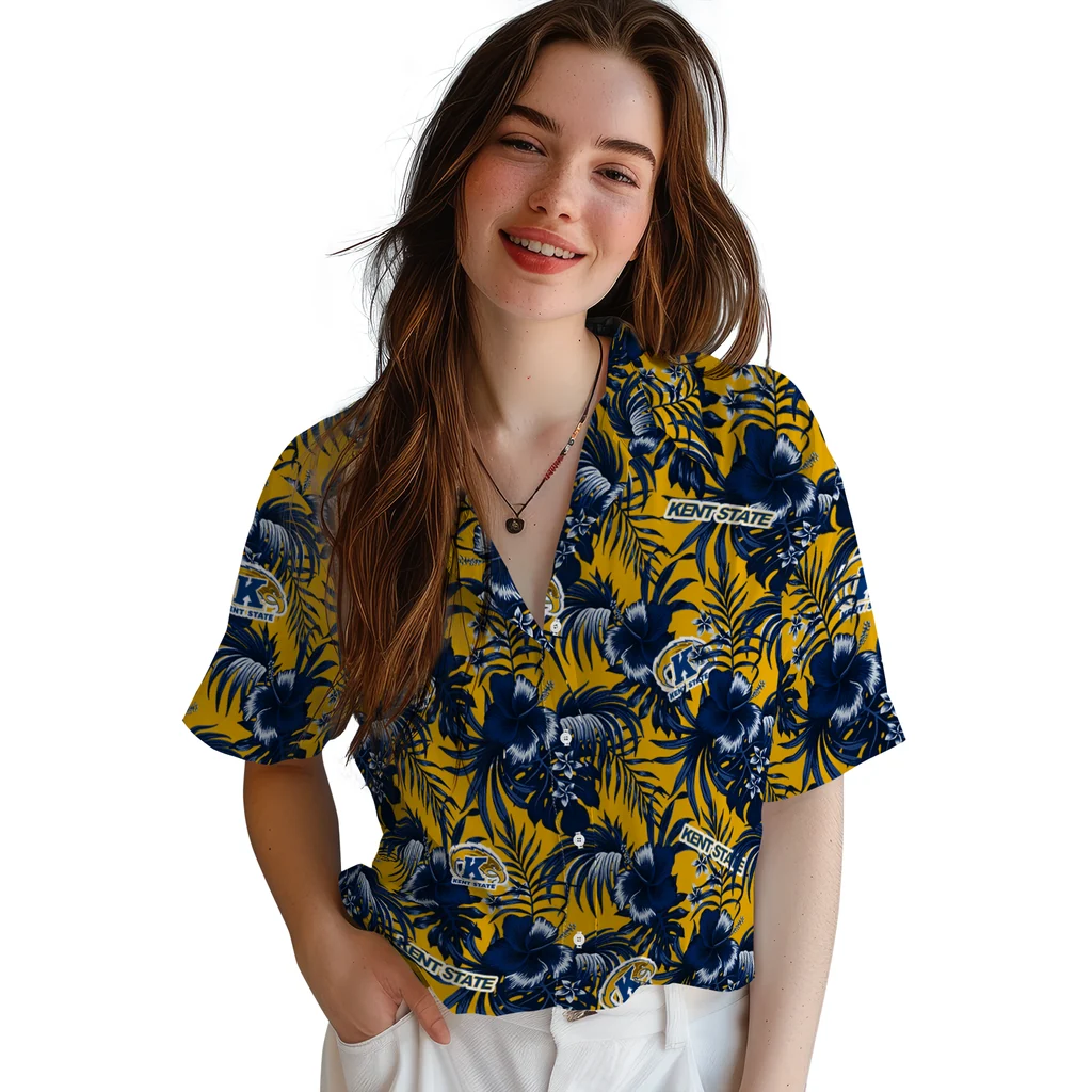 Kent State Golden Flashes Hawaiian Shirt - Hibiscus Exotic kent state golden flashes hibiscus exotic navy blue hawaiian shirts latest model