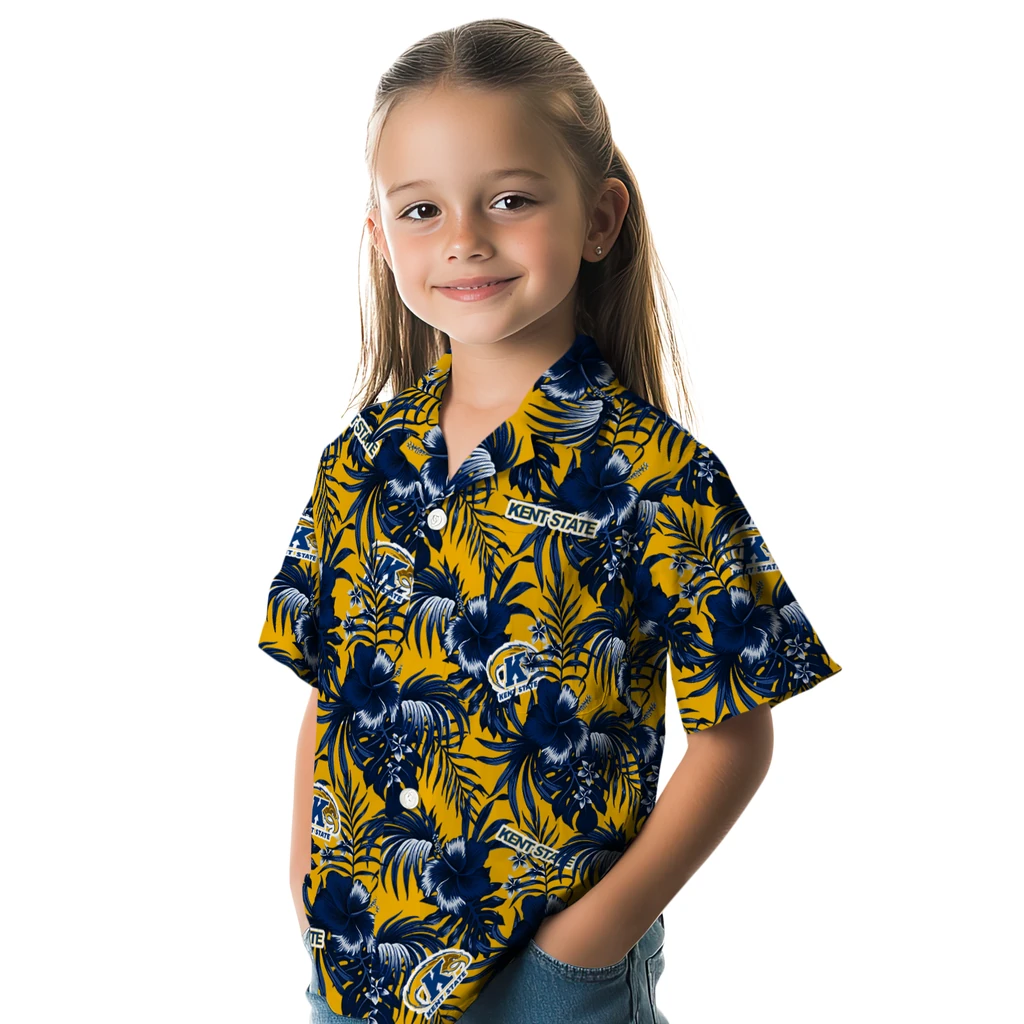 Kent State Golden Flashes Hawaiian Shirt - Hibiscus Exotic kent state golden flashes hibiscus exotic navy blue hawaiian shirts premium grade