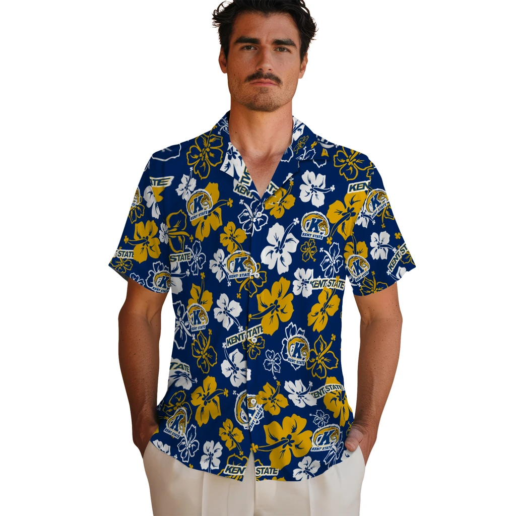 Kent State Golden Flashes Hawaiian Shirt - Hibiscus Flower Design kent state golden flashes hibiscus bloom navy blue hawaiian shirts fashion forward