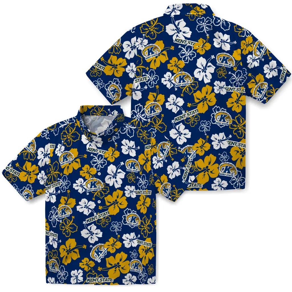 Kent State Golden Flashes Hawaiian Shirt - Hibiscus Flower Design kent state golden flashes hibiscus bloom navy blue hawaiian shirts high quality