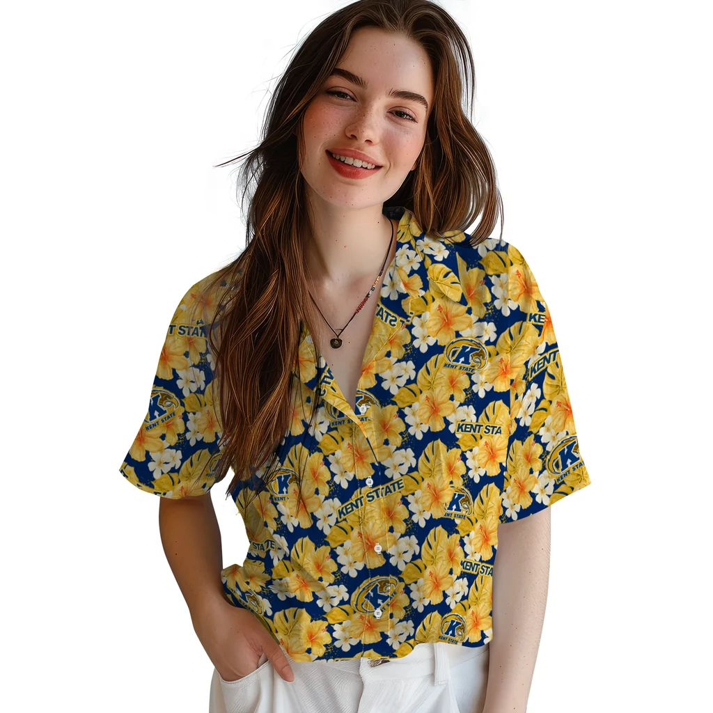 Kent State Golden Flashes Hawaiian Shirt - Hibiscus Tropics kent state golden flashes hibiscus tropics navy blue yellow hawaiian shirts latest model
