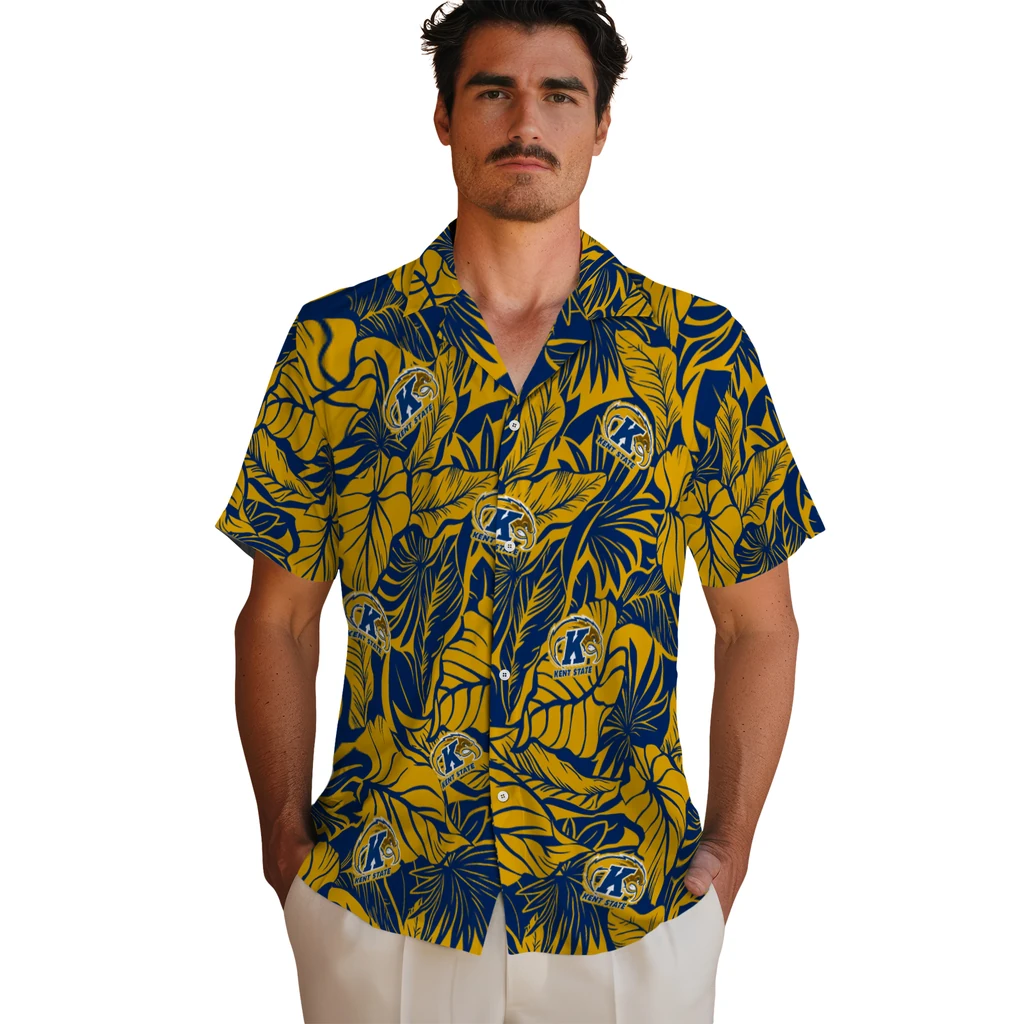 Kent State Golden Flashes Hawaiian Shirt - Monstera Layer kent state golden flashes monstera layer navy blue hawaiian shirts fashion forward