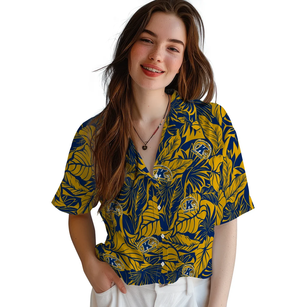 Kent State Golden Flashes Hawaiian Shirt - Monstera Layer kent state golden flashes monstera layer navy blue hawaiian shirts latest model