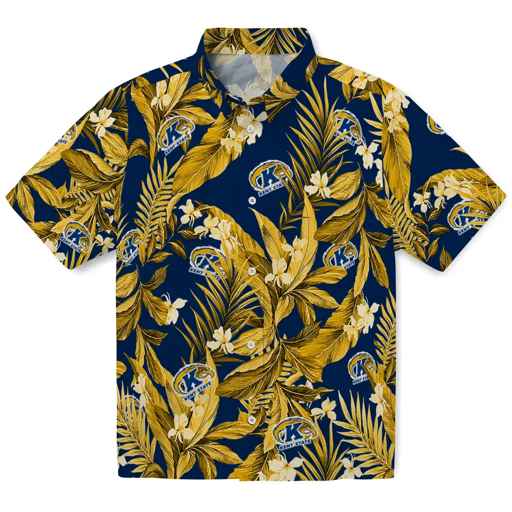 Kent State Golden Flashes Hawaiian Shirt - Palm Leaves kent state golden flashes palm leaves navy blue hawaiian shirts best selling