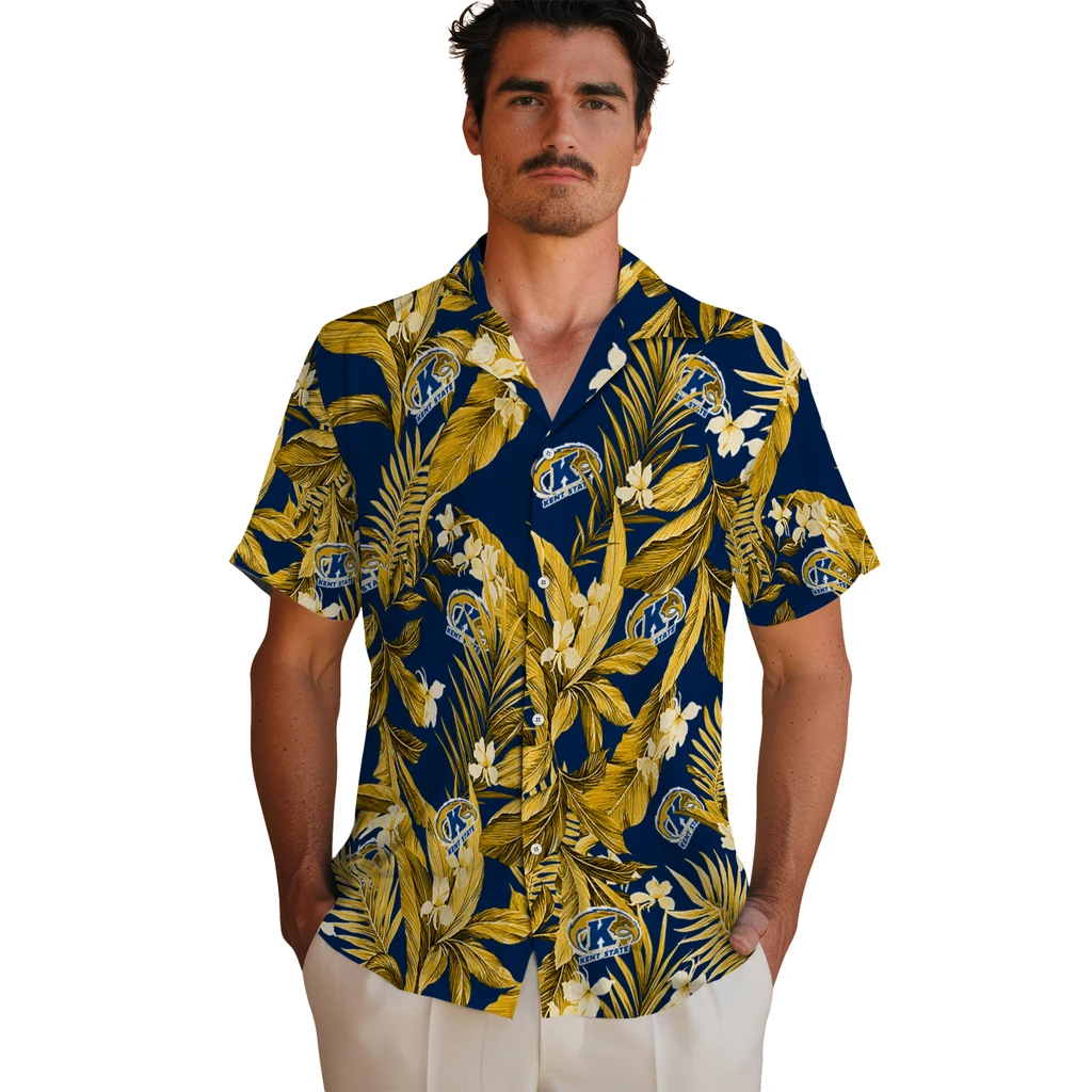 Kent State Golden Flashes Hawaiian Shirt - Palm Leaves kent state golden flashes palm leaves navy blue hawaiian shirts fashion forward