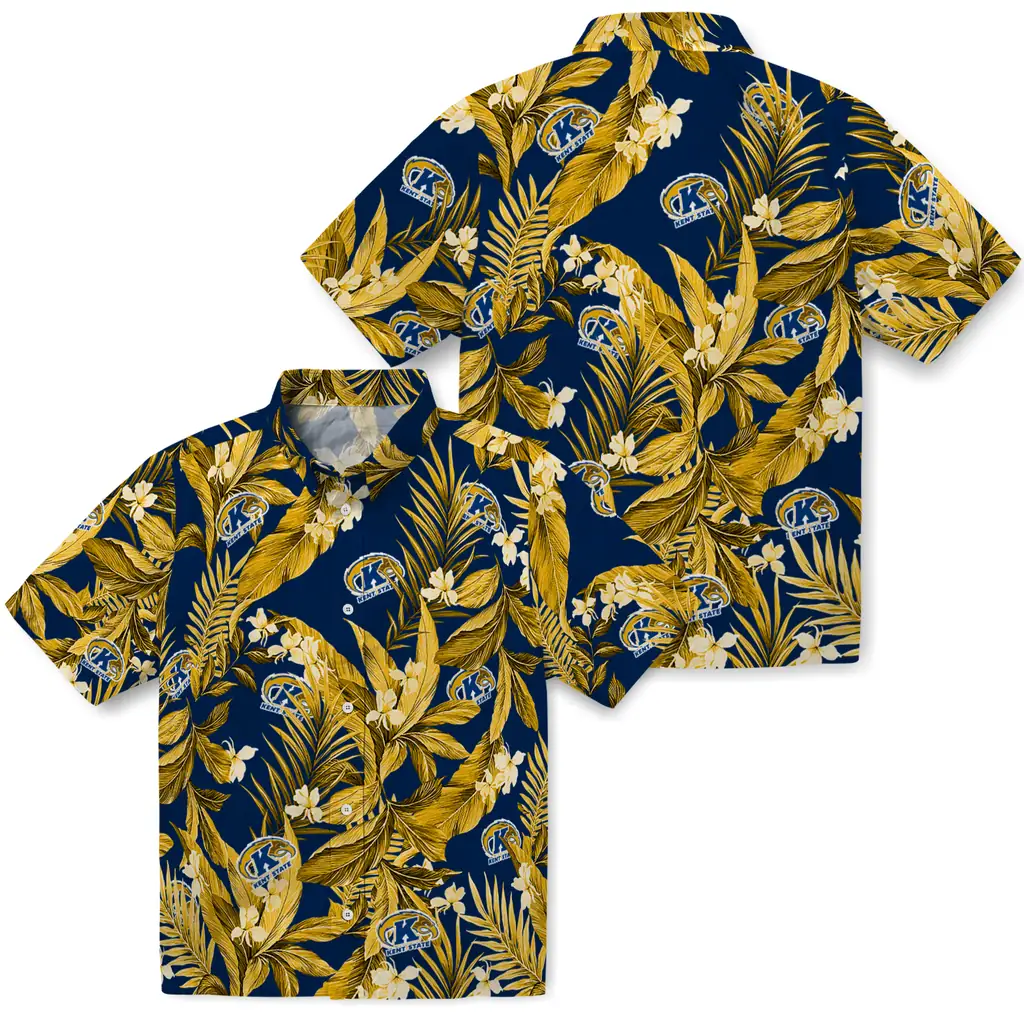Kent State Golden Flashes Hawaiian Shirt - Palm Leaves kent state golden flashes palm leaves navy blue hawaiian shirts high quality