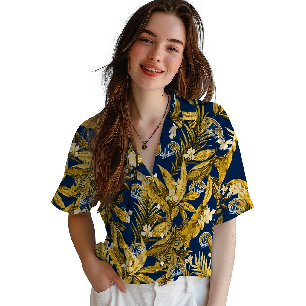 Kent State Golden Flashes Hawaiian Shirt - Palm Leaves kent state golden flashes palm leaves navy blue hawaiian shirts latest model