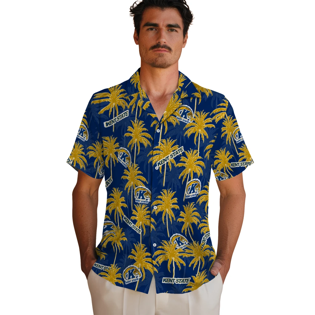 Kent State Golden Flashes Hawaiian Shirt - Palm Tree Motif kent state golden flashes palm grove navy blue hawaiian shirts fashion forward