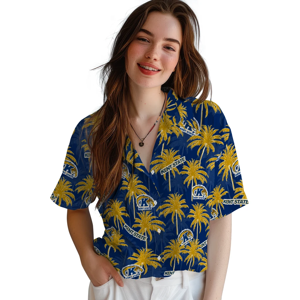 Kent State Golden Flashes Hawaiian Shirt - Palm Tree Motif kent state golden flashes palm grove navy blue hawaiian shirts latest model