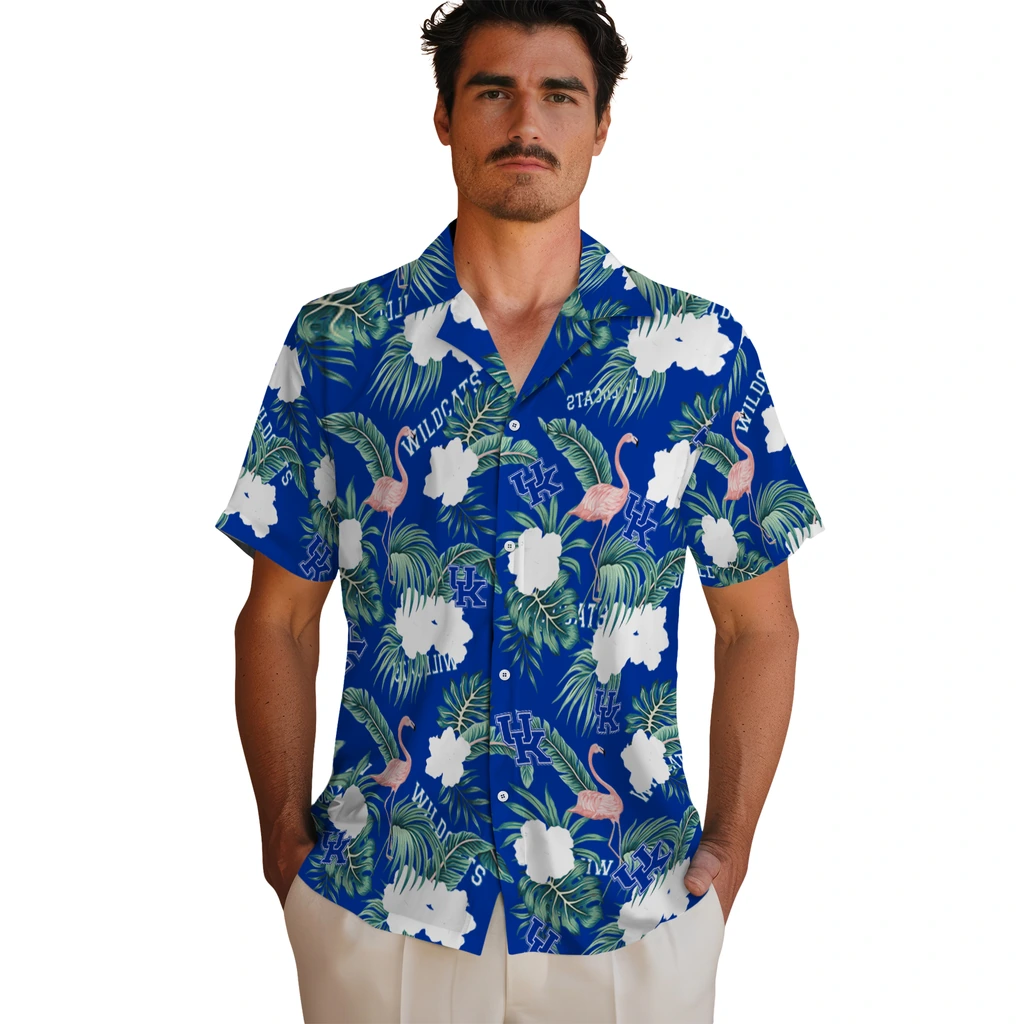Kentucky Wildcats Hawaiian Shirt - Flamingo and Hibiscus kentucky wildcats flamingo palms blue hawaiian shirts fashion forward