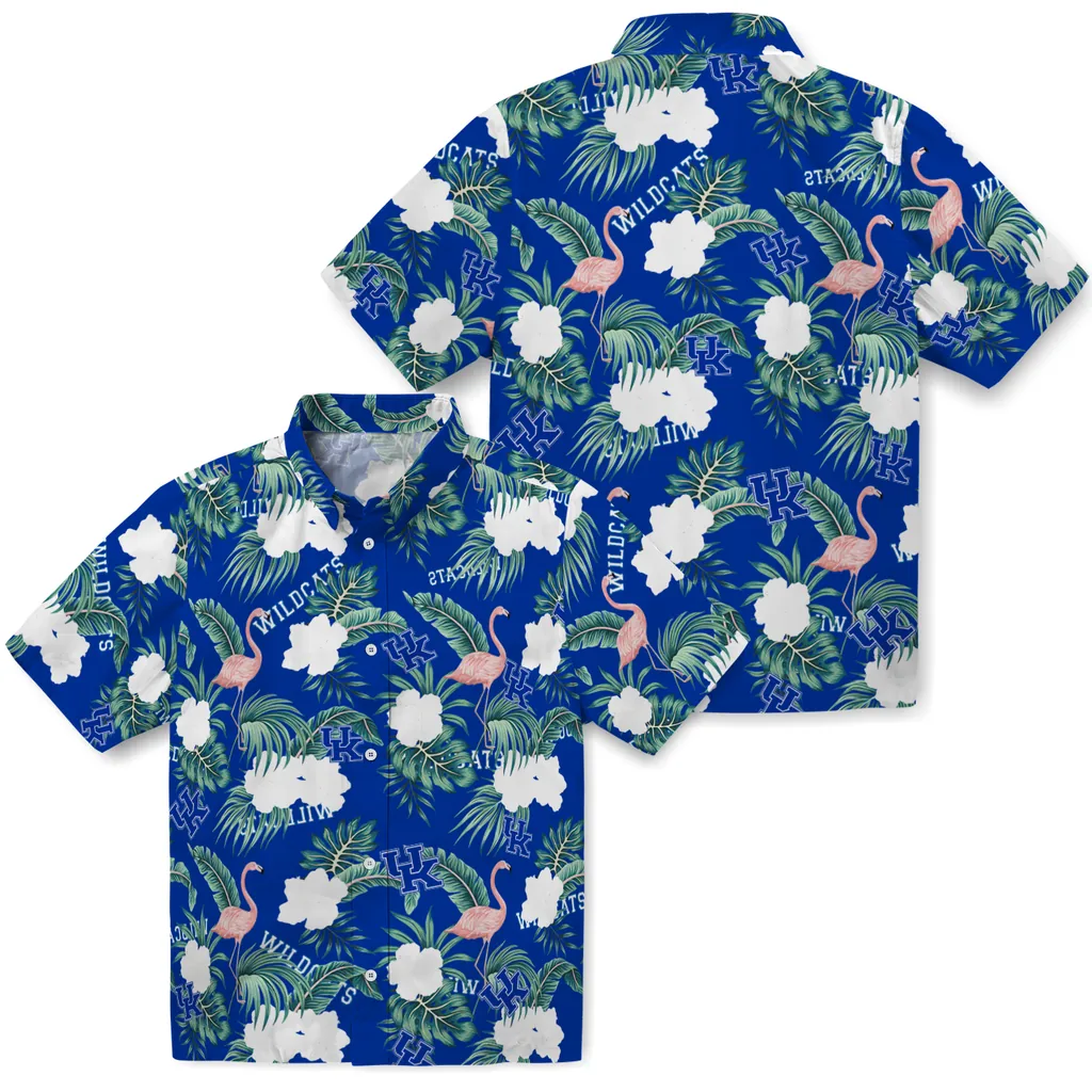 Kentucky Wildcats Hawaiian Shirt - Flamingo and Hibiscus kentucky wildcats flamingo palms blue hawaiian shirts high quality