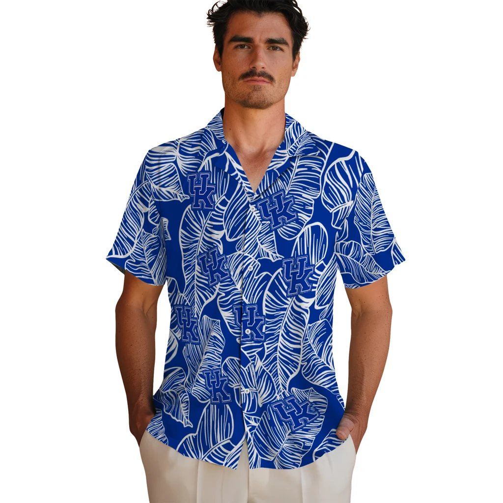 Kentucky Wildcats Hawaiian Shirt - Leaf Outline kentucky wildcats leaf outline blue hawaiian shirts fashion forward