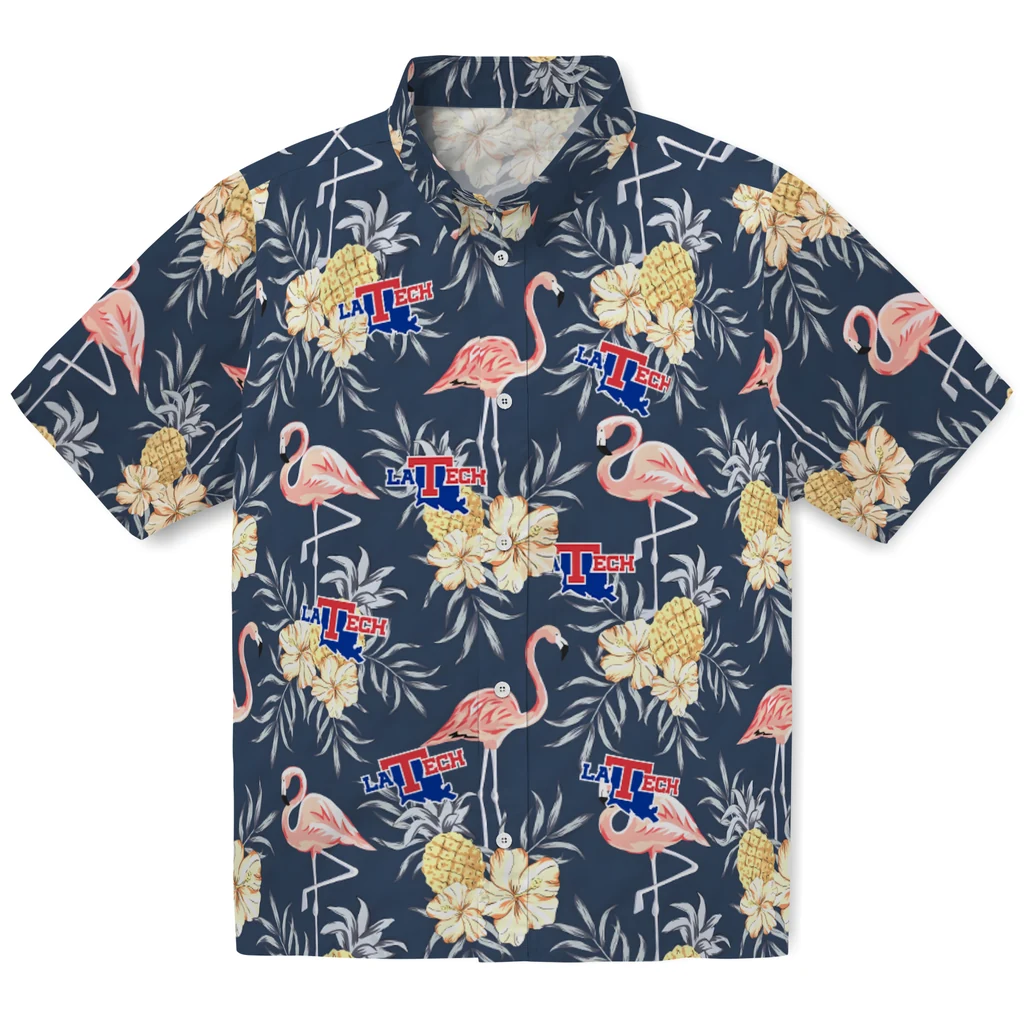 LA Tech Hawaiian Shirt - Flamingo Hibiscus la tech flamingo hibiscus navy hawaiian shirts best selling