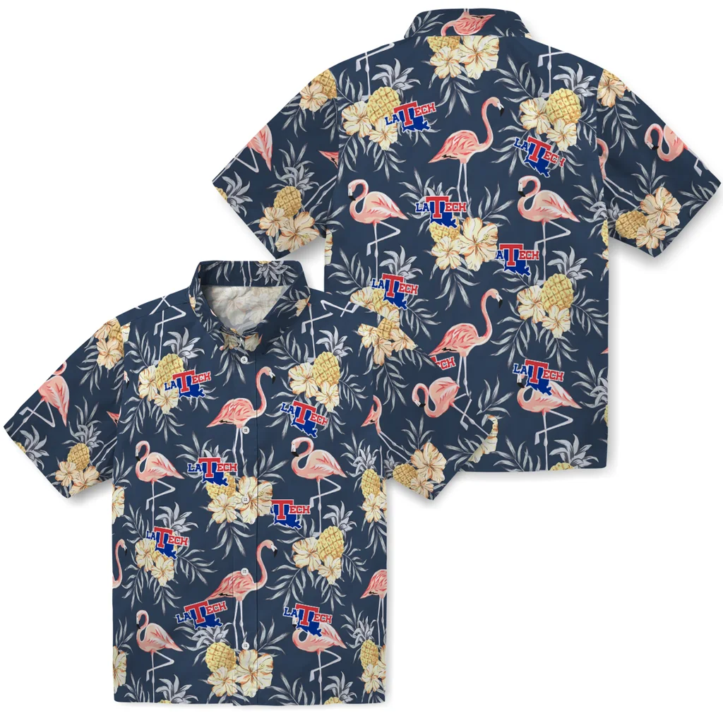 LA Tech Hawaiian Shirt - Flamingo Hibiscus la tech flamingo hibiscus navy hawaiian shirts high quality