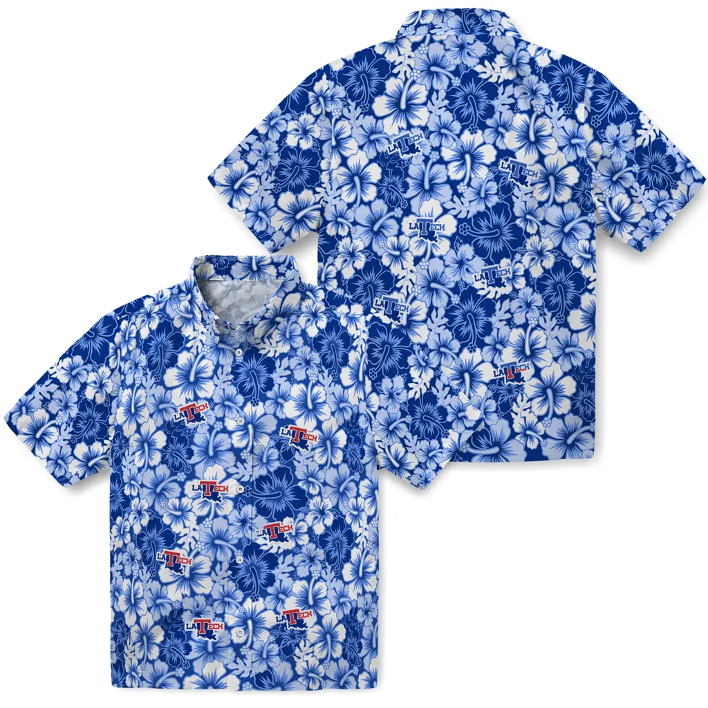 LA Tech Hawaiian Shirt - Hibiscus Blooms la tech hibiscus blooms blue hawaiian shirts high quality