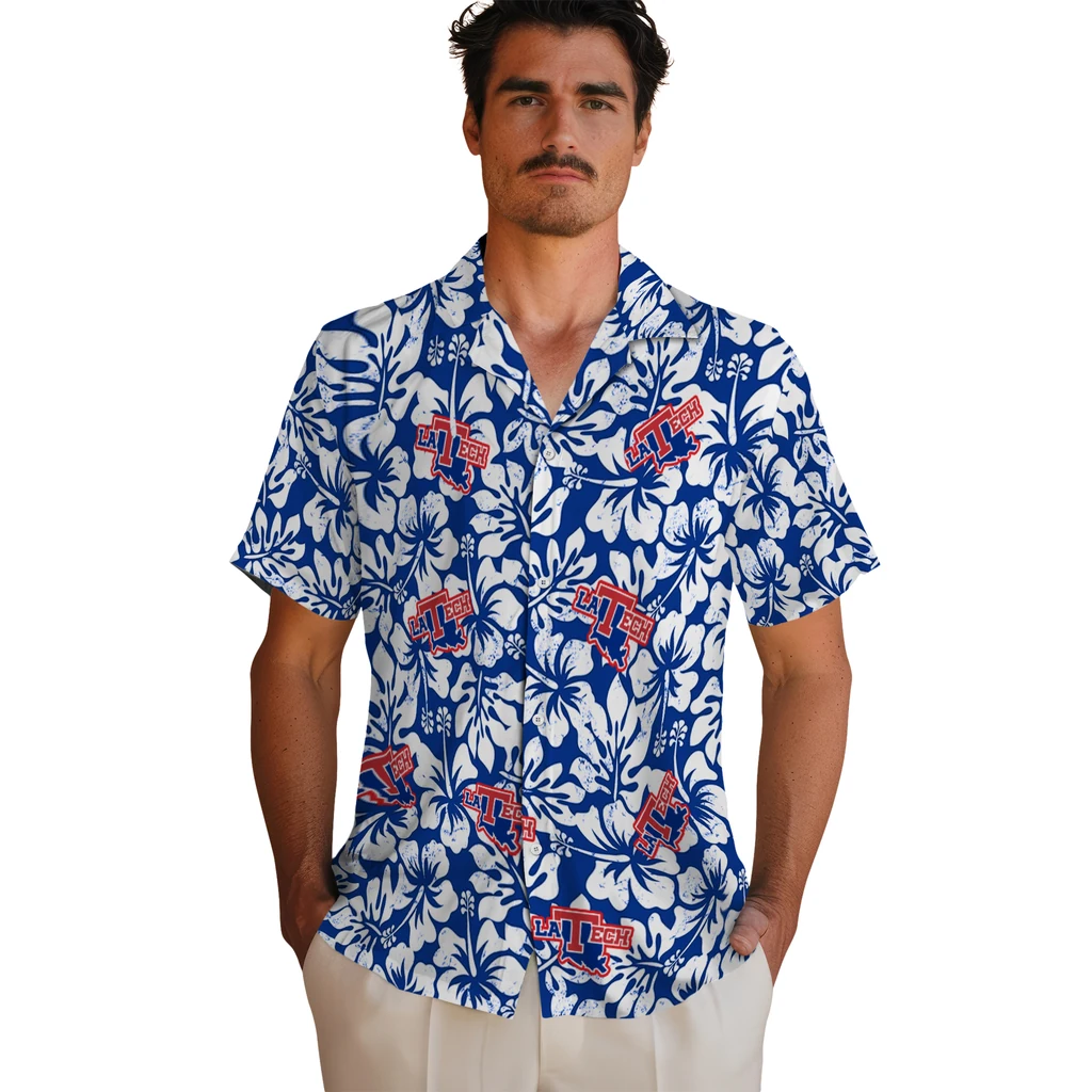 LA Tech Hawaiian Shirt - Hibiscus Motif la tech hibiscus motif blue white hawaiian shirts fashion forward