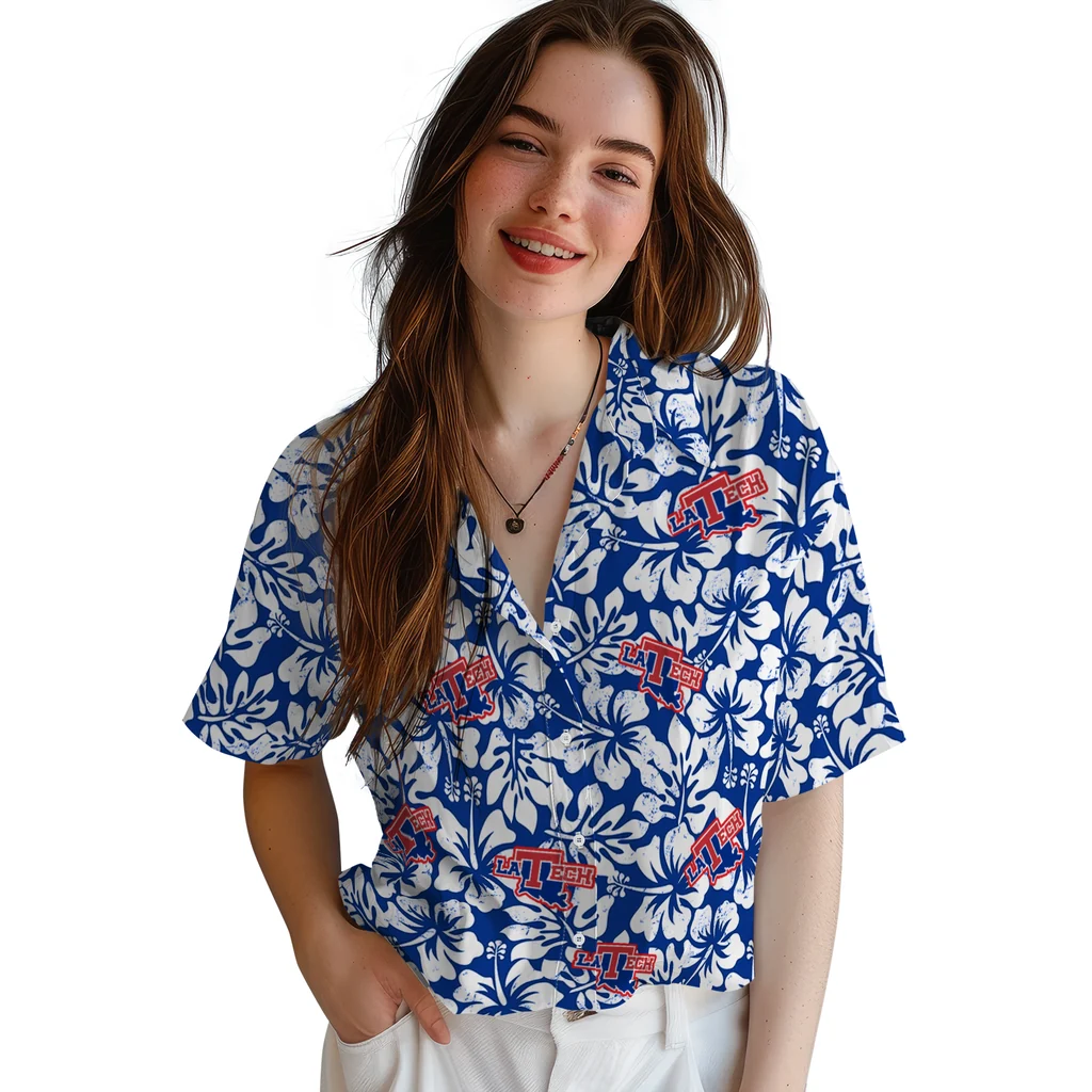 LA Tech Hawaiian Shirt - Hibiscus Motif la tech hibiscus motif blue white hawaiian shirts latest model