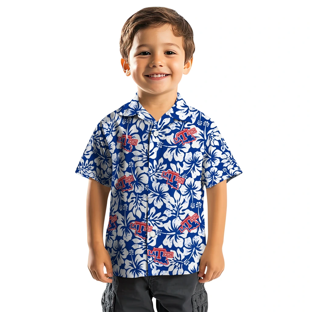 LA Tech Hawaiian Shirt - Hibiscus Motif la tech hibiscus motif blue white hawaiian shirts top rated