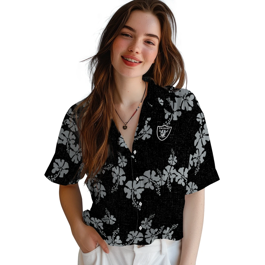 Las Vegas Raiders Hawaiian Shirt - 50th State Flower las vegas raiders hibiscus petals black hawaiian shirts latest model