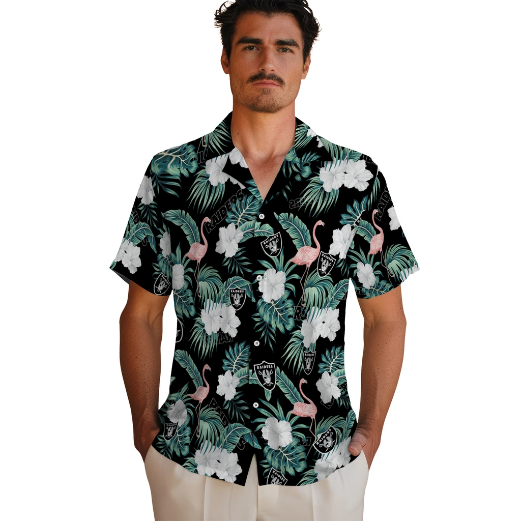 Las Vegas Raiders Hawaiian Shirt - Flamingo and Hibiscus las vegas raiders flamingo palms black hawaiian shirts fashion forward