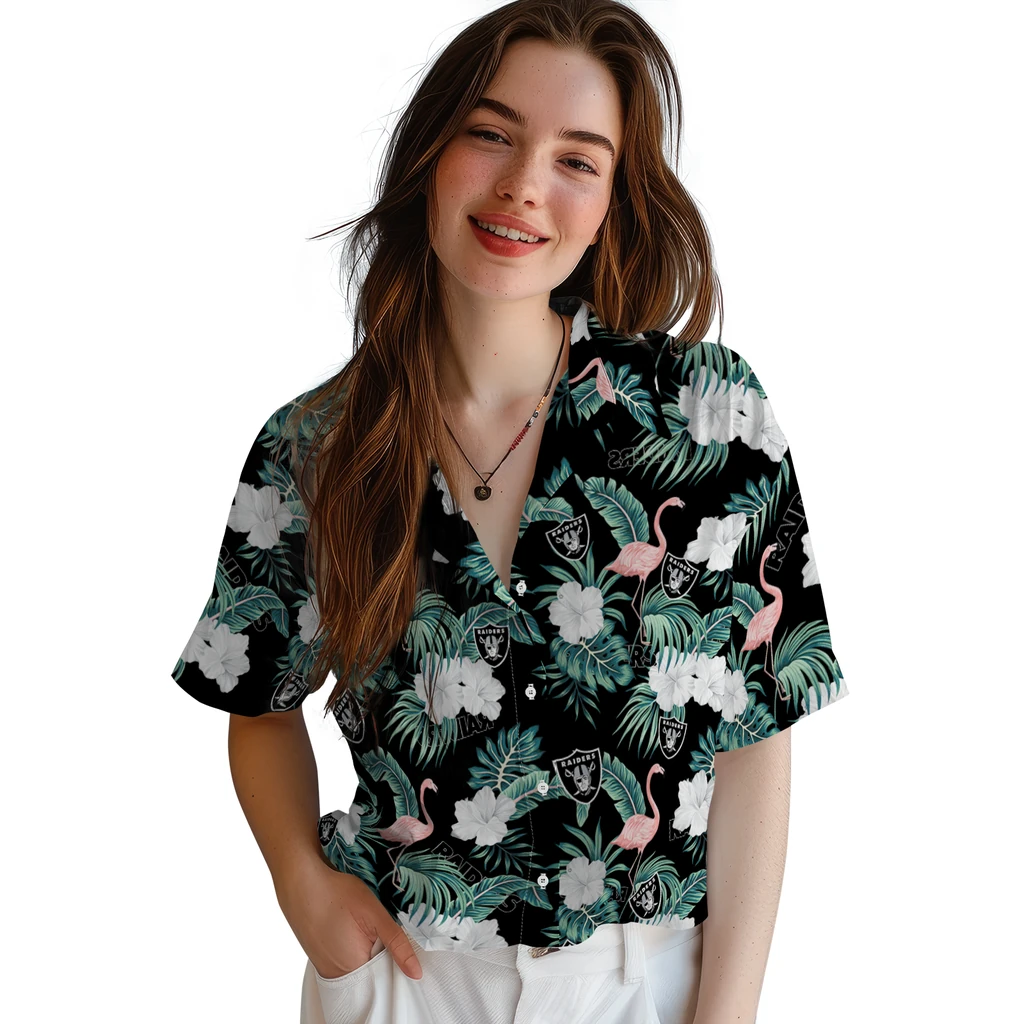Las Vegas Raiders Hawaiian Shirt - Flamingo and Hibiscus las vegas raiders flamingo palms black hawaiian shirts latest model