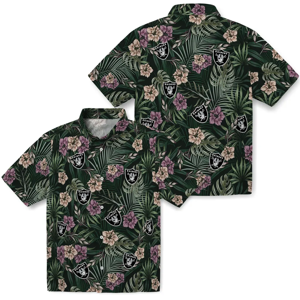 Las Vegas Raiders Hawaiian Shirt - Hibiscus Leaves Pattern las vegas raiders hibiscus leaves pattern green hawaiian shirts high quality