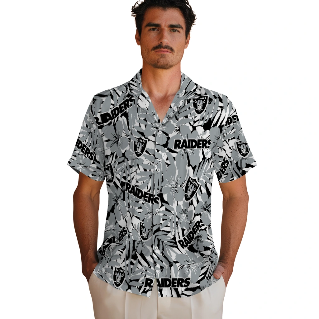 Las Vegas Raiders Hawaiian Shirt - Hibiscus Overlay las vegas raiders hibiscus overlay hawaiian shirts fashion forward