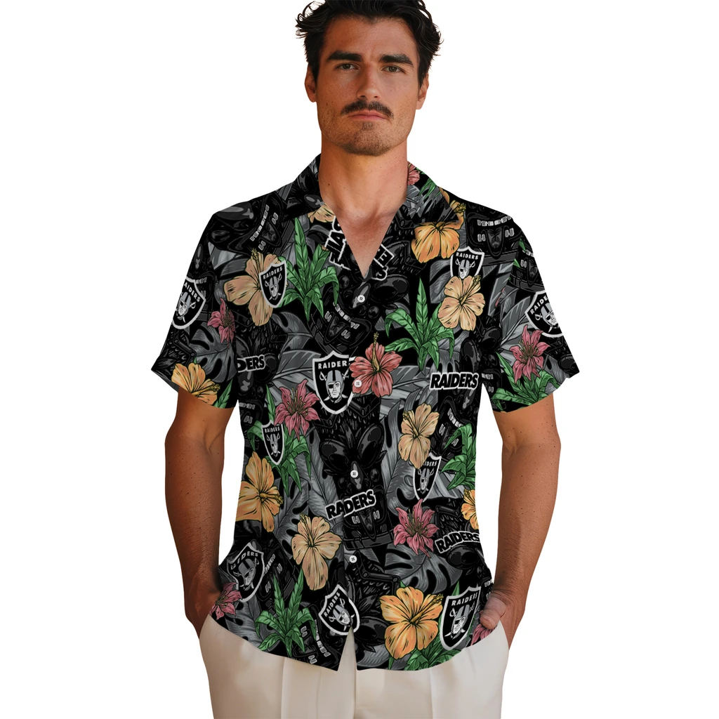 Las Vegas Raiders Hawaiian Shirt - Hibiscus Tiki Jungle las vegas raiders tiki jungle black hawaiian shirts fashion forward