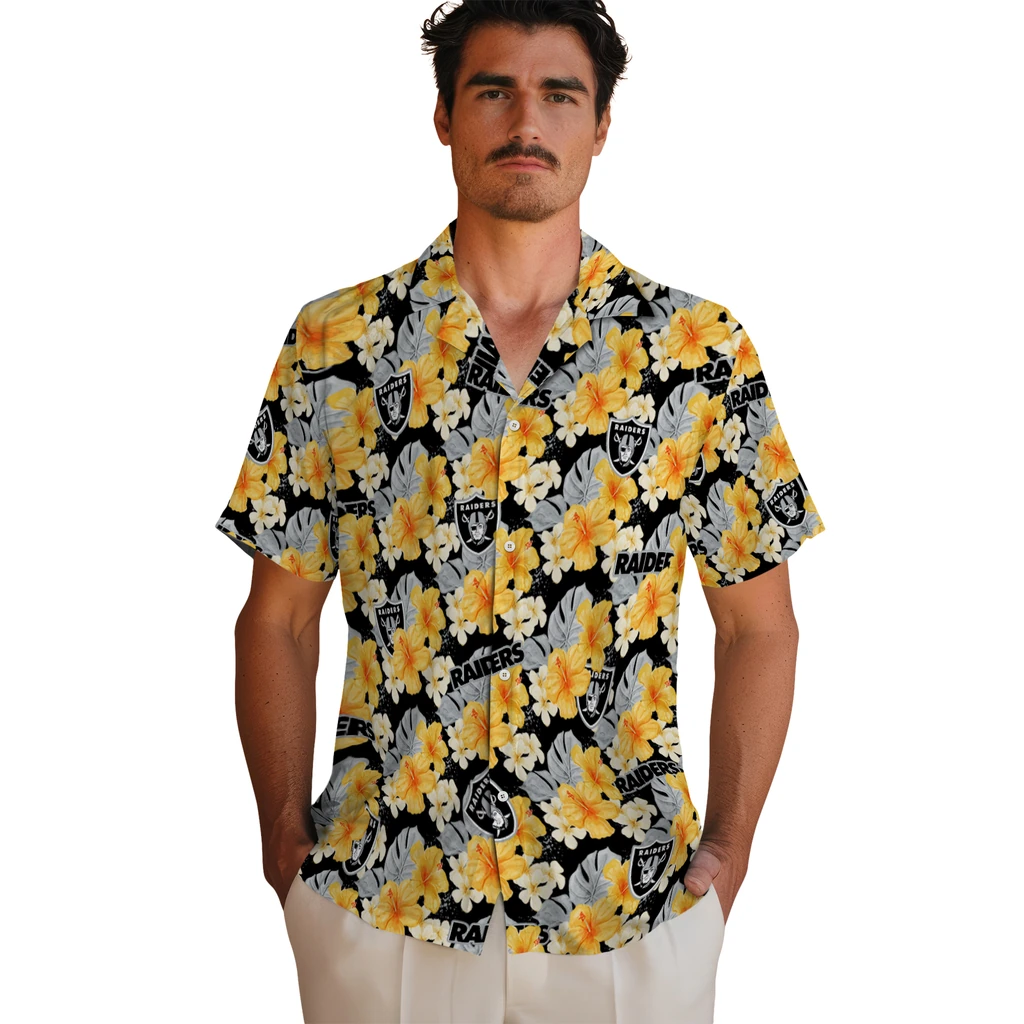 Las Vegas Raiders Hawaiian Shirt - Hibiscus Tropics las vegas raiders hibiscus tropics black yellow hawaiian shirts fashion forward