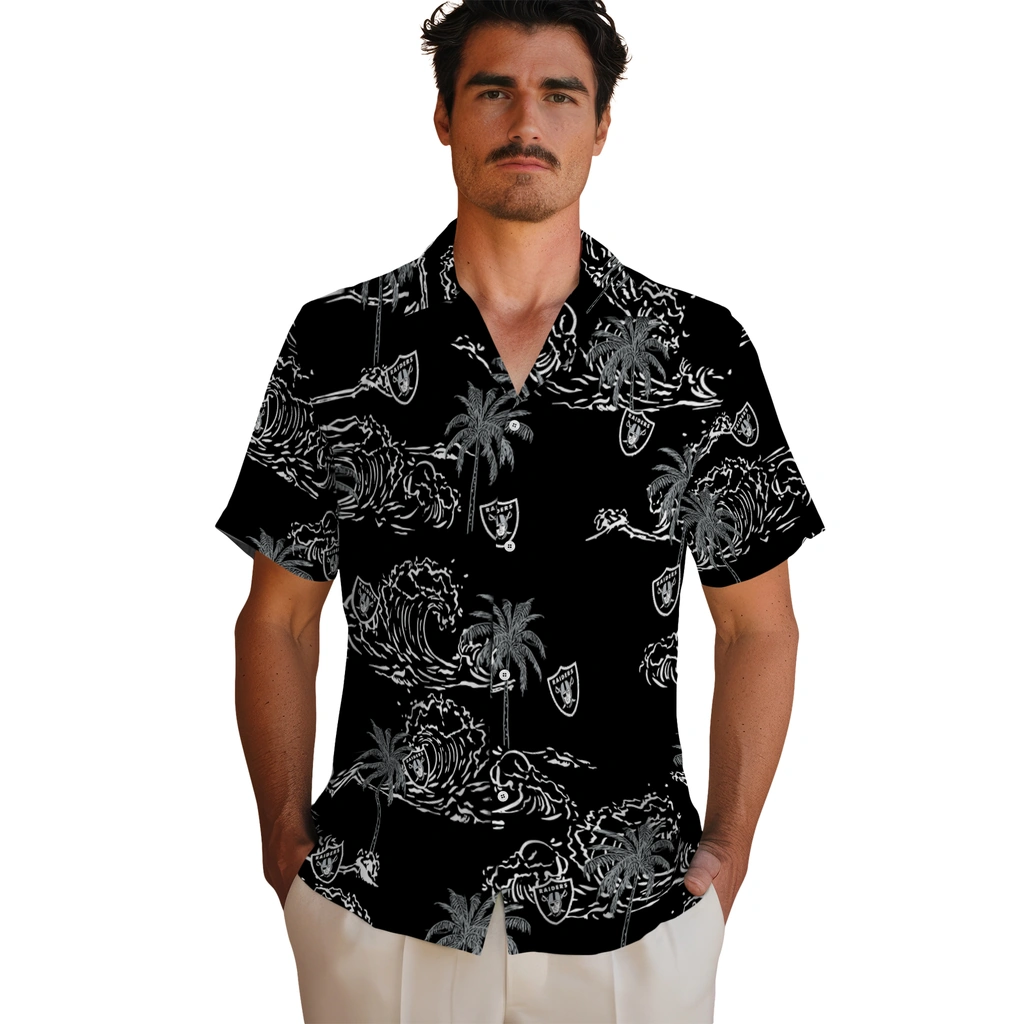 Las Vegas Raiders Hawaiian Shirt - Wave Palm las vegas raiders wave palm black hawaiian shirts fashion forward