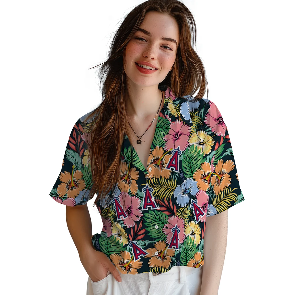 Los Angeles Angels Hawaiian Shirt - Brilliant Hibiscus Garden los angeles angels brilliant hibiscus garden hawaiian shirts latest model