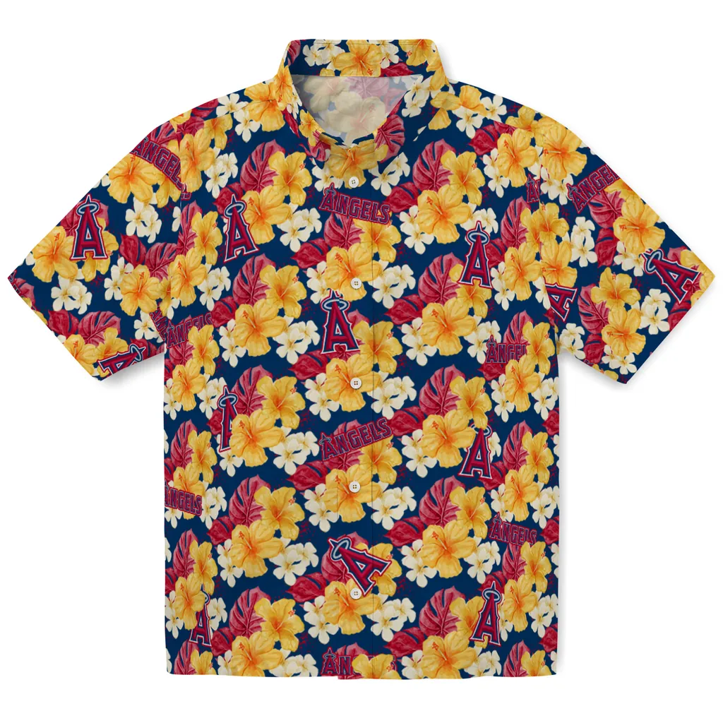Los Angeles Angels Hawaiian Shirt - Hibiscus Tropics los angeles angels hibiscus tropics blue yellow hawaiian shirts best selling