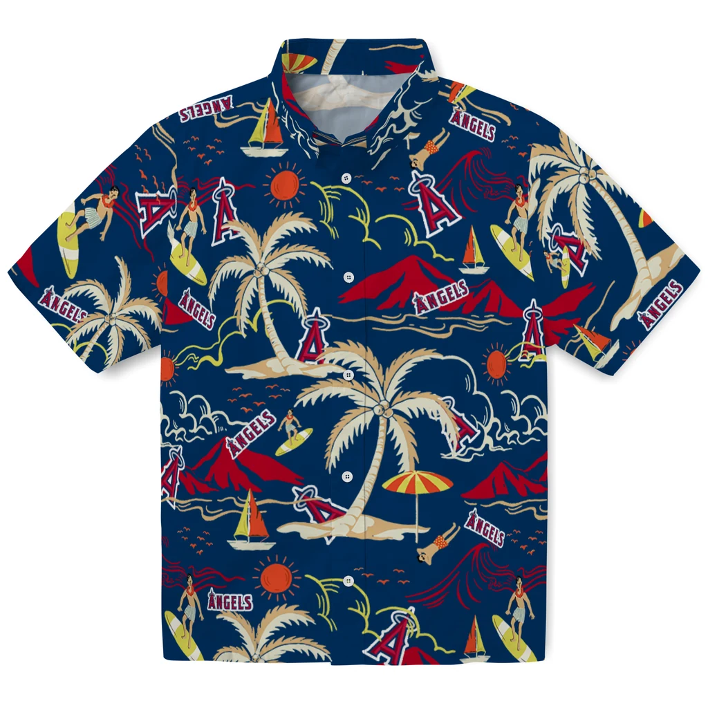 Los Angeles Angels Hawaiian Shirt - Palm Tree Island los angeles angels palm tree island blue hawaiian shirts best selling