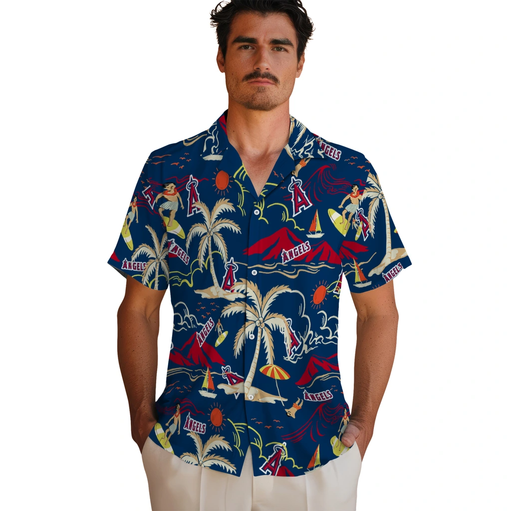 Los Angeles Angels Hawaiian Shirt - Palm Tree Island los angeles angels palm tree island blue hawaiian shirts fashion forward