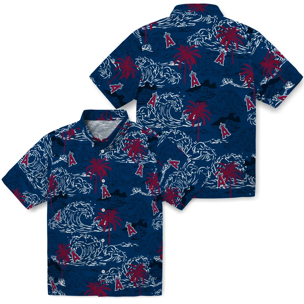 Los Angeles Angels Hawaiian Shirt - Wave Palm los angeles angels wave palm blue hawaiian shirts high quality