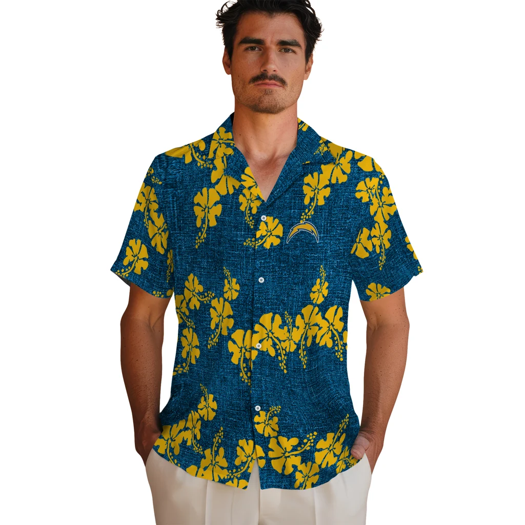 Los Angeles Chargers Hawaiian Shirt - 50th State Flower los angeles chargers hibiscus petals blue hawaiian shirts fashion forward