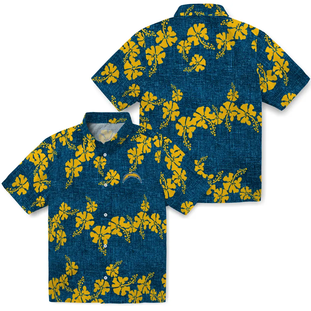 Los Angeles Chargers Hawaiian Shirt - 50th State Flower los angeles chargers hibiscus petals blue hawaiian shirts high quality